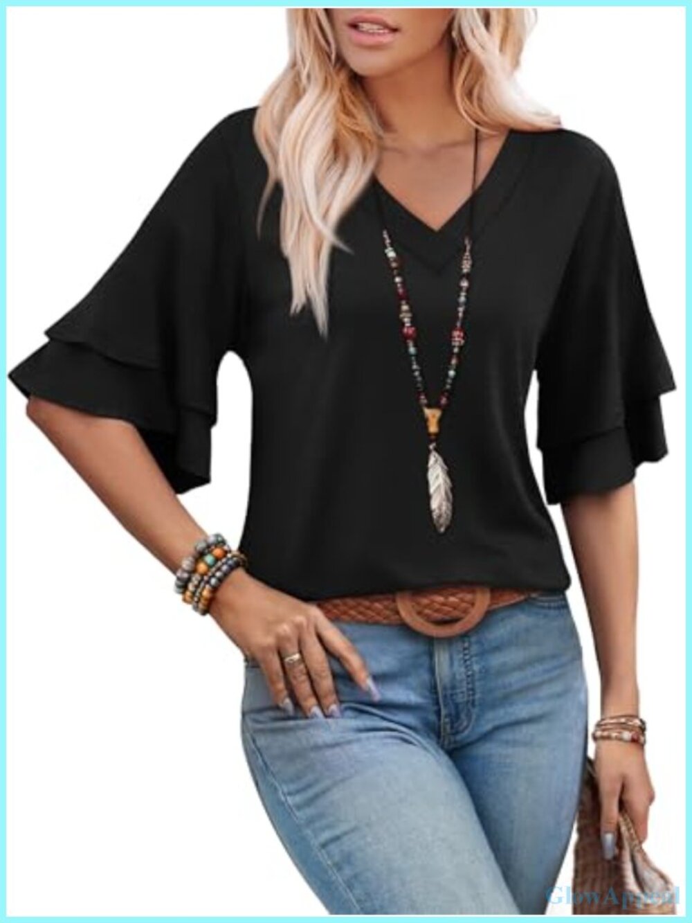 Womens Boho V Neck Peasant Blouse 3/4 Sleeve Tiered Bell Sleeve Loose Fit Blouse